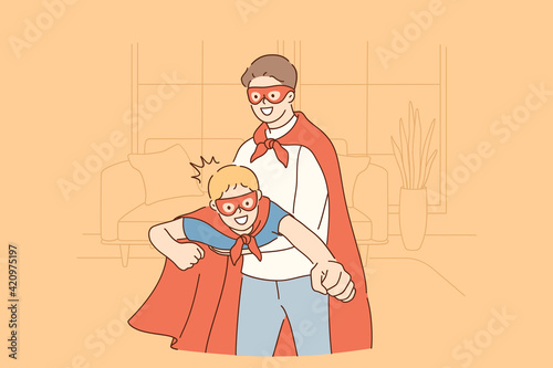 Happy childhood and parenthood, father and son concept. Smiling happy son and father in masks and coats pretending to be superheroes at home during playing game together illustration 