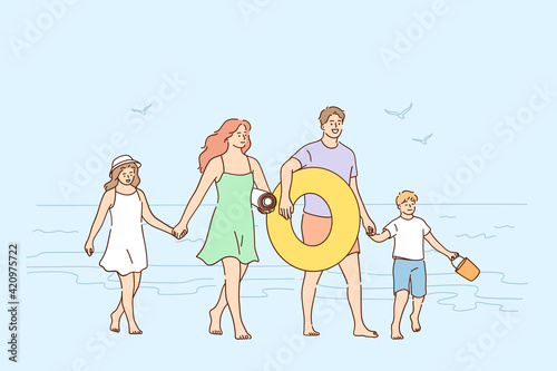 Traveling, enjoying vacations with family concept. Happy Family mother father and children having fun together on seaside on beach during trip vector illustration 