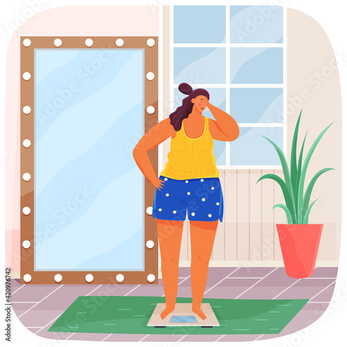 Overweight unhappy with her weight woman stands on scales opposite mirror in living room at home