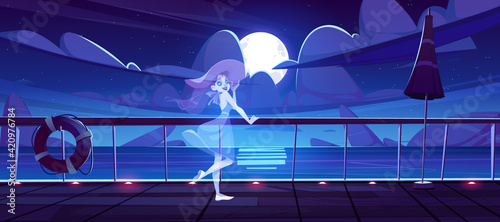 Woman ghost on cruise ship deck at night