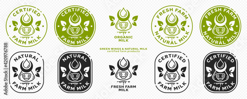 Concept for product packaging. Labeling - natural farm milk. Cow icon with milk drop and leaf-ears or leaf-wings - a symbol of a natural ingredient. Natural organic products symbol. Vector set.	