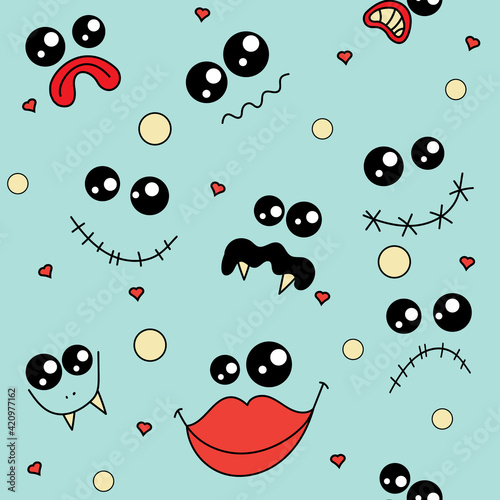 Seamless pattern with cute monster smiles on blue background.