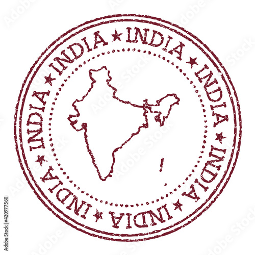 India round rubber stamp with country map. Vintage red passport stamp with circular text and stars, vector illustration.
