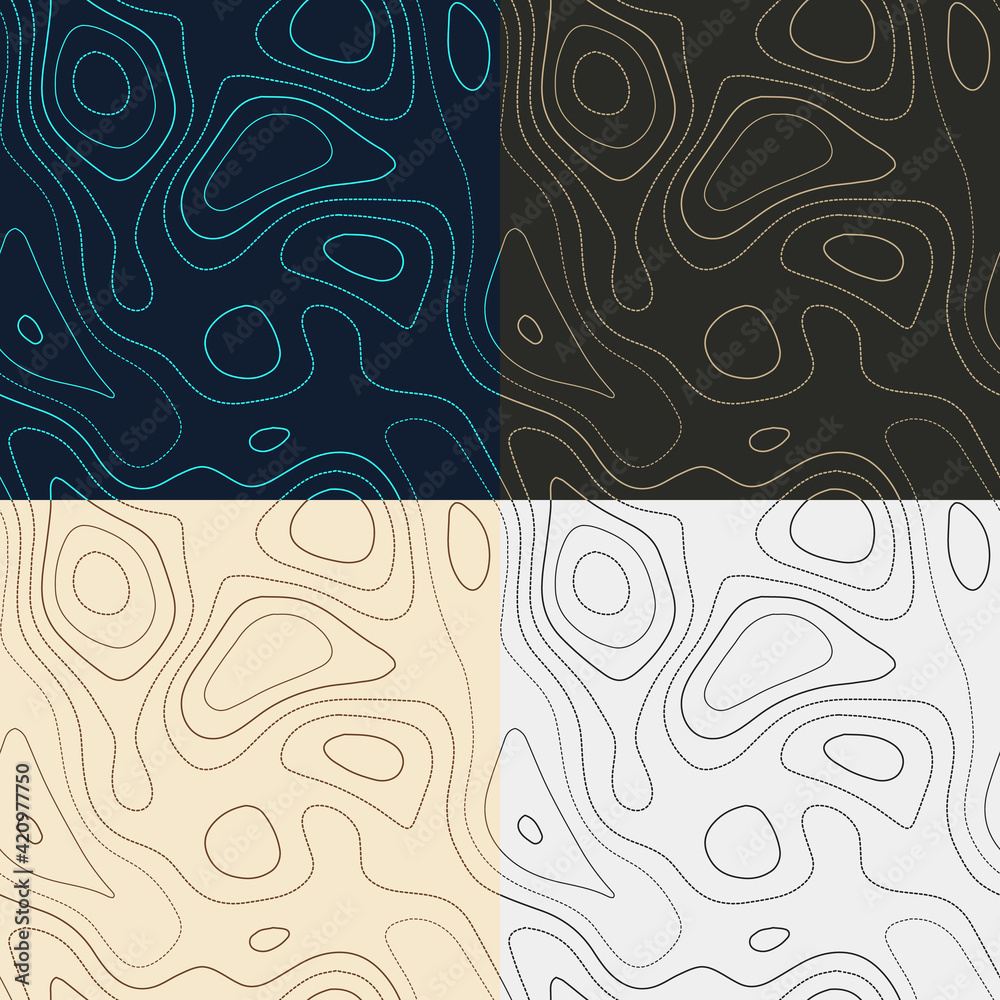 Fototapeta premium Topography patterns. Seamless elevation map tiles. Beautiful isoline background. Classy tileable patterns. Vector illustration.