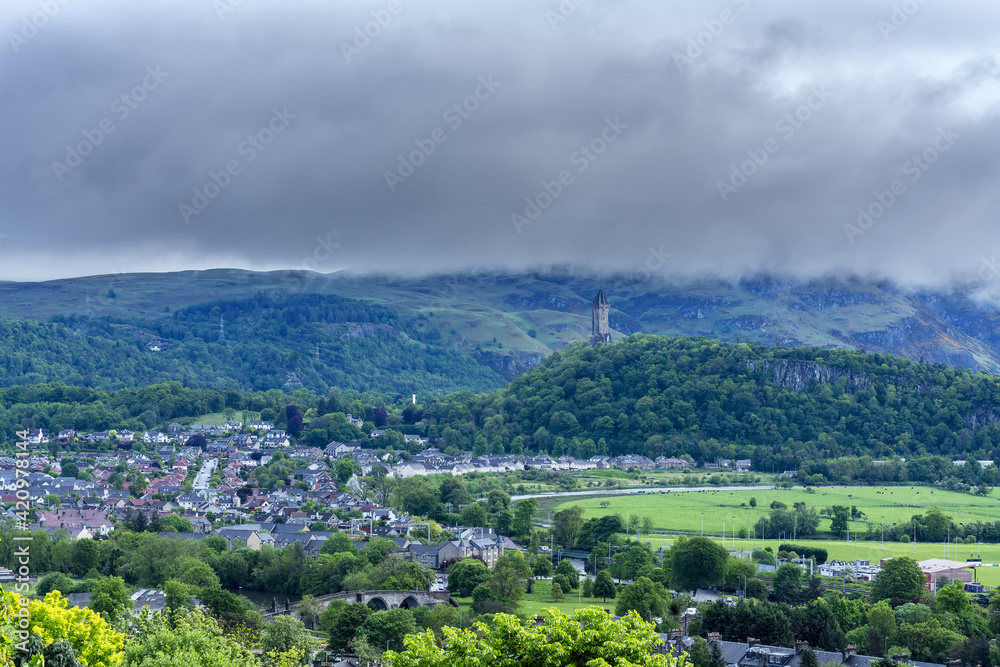 Beautiful scenery of Stirling is renowned as the Gateway to the Highlands , viewing Abbey Craig with The National Wallace Monument on top and The Battle of Stirling Bridge in Scotland