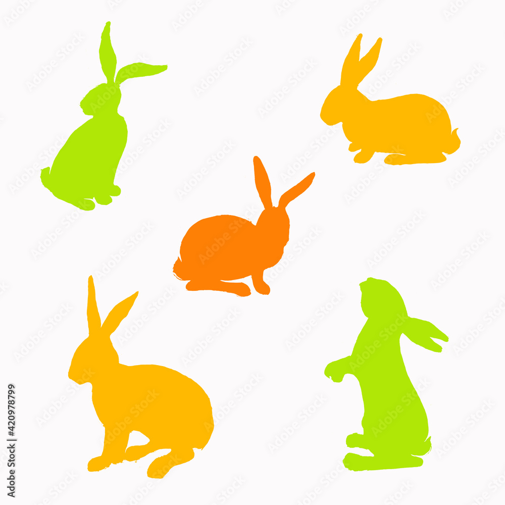 Isolated illustrations of five silhouettes of rabbits and hares of yellow, green and orange colors on a white background