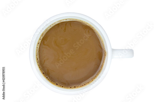 white mug with coffee, top view, isolate