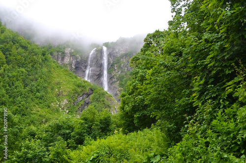 Polikar Waterfall in the fog  Sochi  Russia