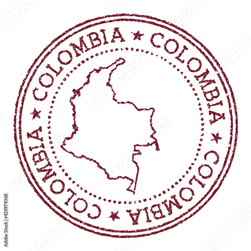 Colombia round rubber stamp with country map. Vintage red passport stamp with circular text and stars, vector illustration.