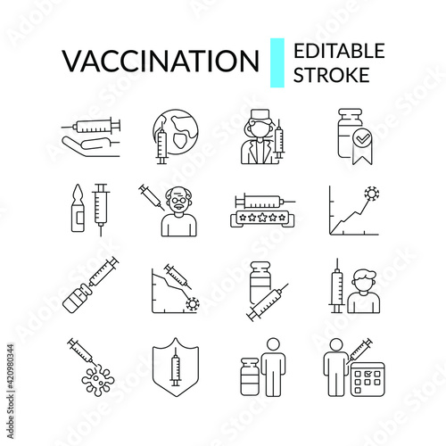 Coronavirus vaccination linear icon set with syringe and bacteria. Medicine and health care concept. Thin line customizable illustration. Vector isolated outline drawing. Editable stroke