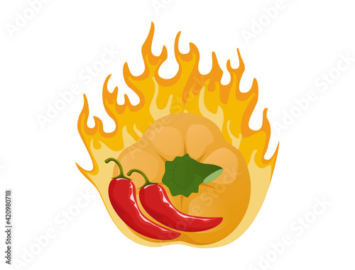 Yellow bell peppers and red chilies that were burnt on fire