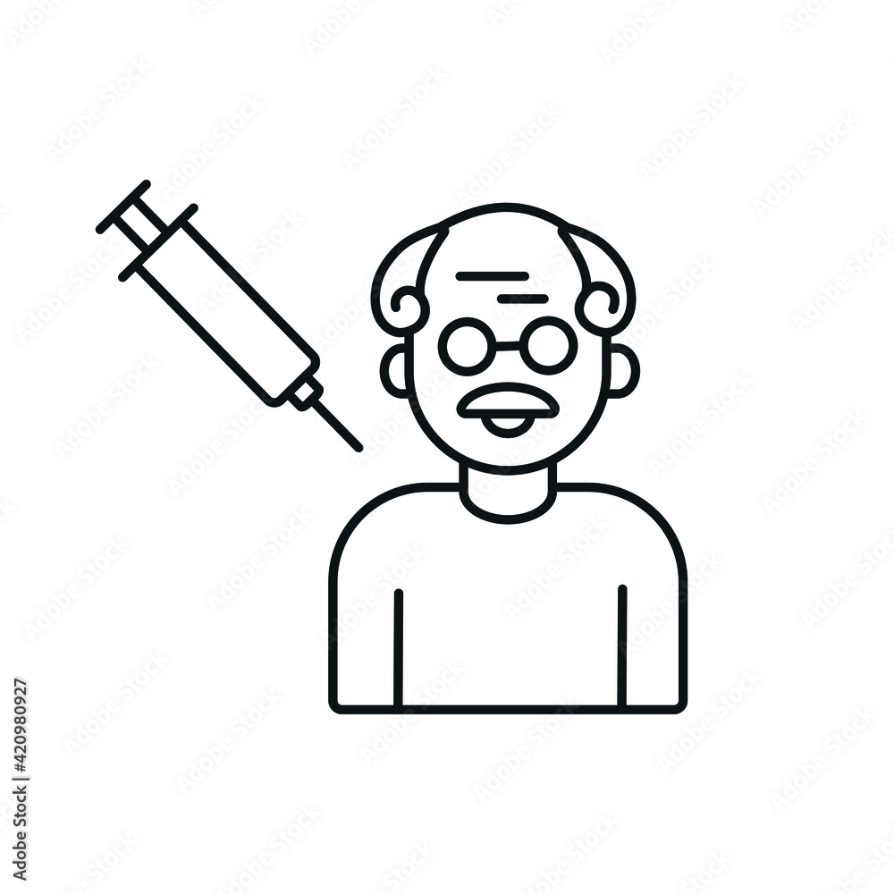 Coronavirus vaccination linear icon with old man and syringe. Medicine and health care concept. Thin line customizable illustration. Vector isolated outline drawing. Editable stroke