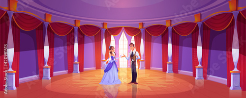 Prince and princess in royal castle ballroom
