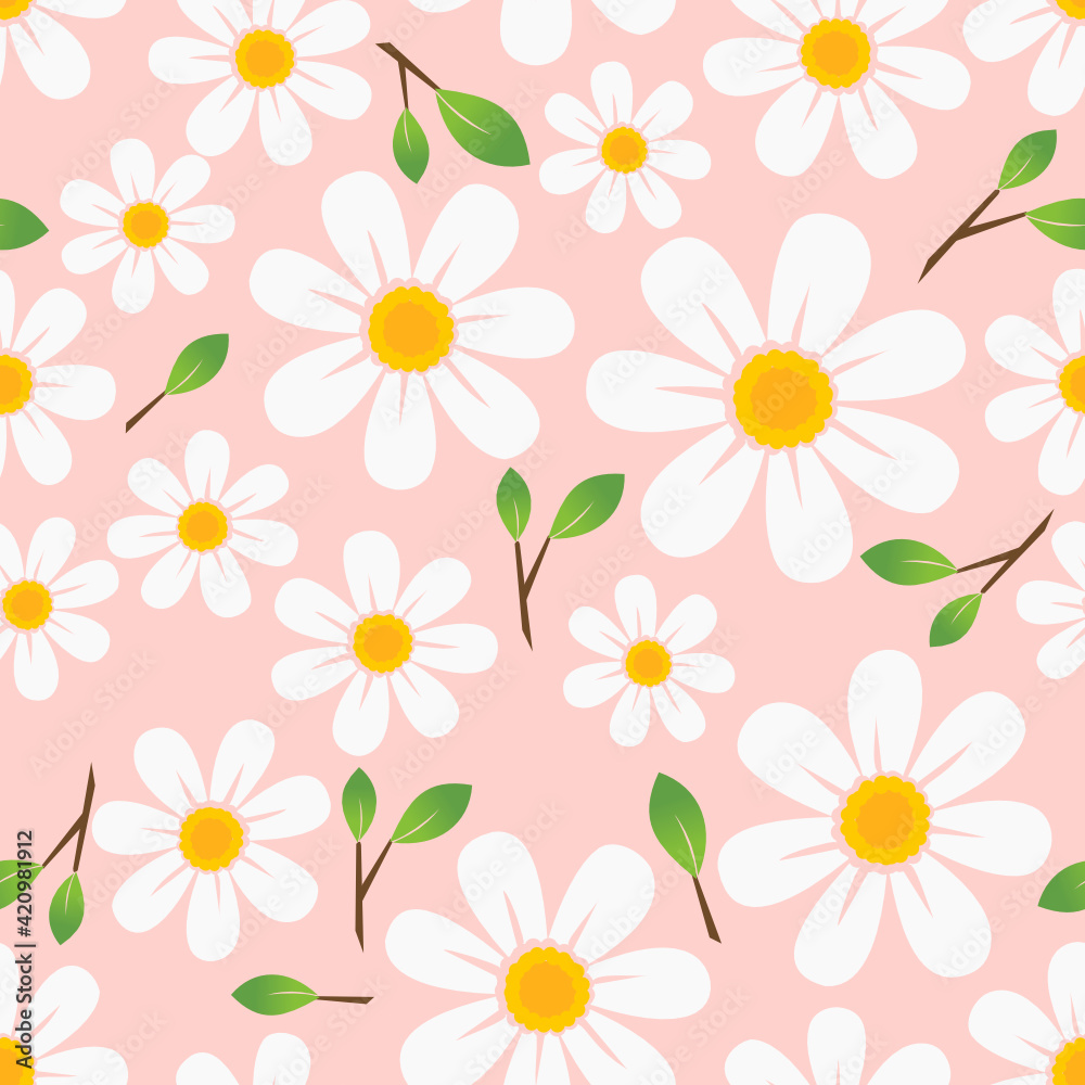 Seamless pattern with daisy flower and green leaves on pink background vector illustration. Seamless pattern with daisy flower and green leaves on pink background vector illustration.