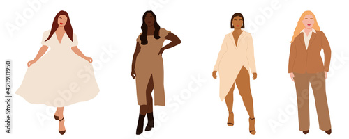 set of abstract portraits of international plus size women in stylish looks.