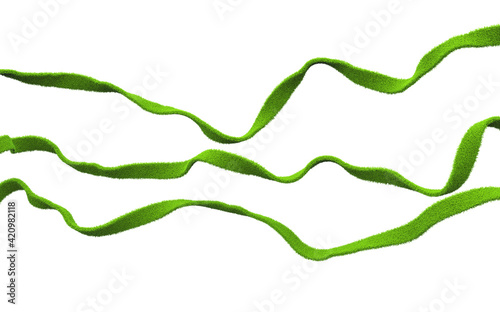 Fresh juicy green ribbons covered with spring grass. Can be used to decorate frames, designs, books and as clipart elements for your work. Clip art elements 3d illustration. isolated on white