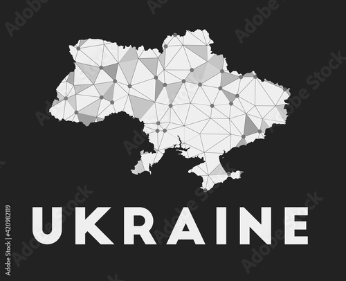 Ukraine - communication network map of the country. Ukraine trendy geometric design on a dark background. Technology, internet, network, telecommunication concept. Vector illustration.