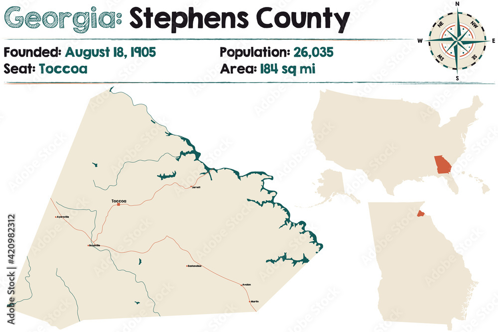 Fototapeta premium Large and detailed map of Stephens county in Georgia, USA.