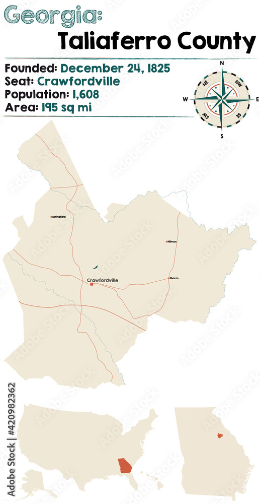 Fototapeta premium Large and detailed map of Taliaferro county in Georgia, USA.