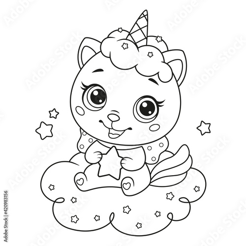 Baby cat unicorn with little star sitting on cloud. Caticorn coloring page for children photo