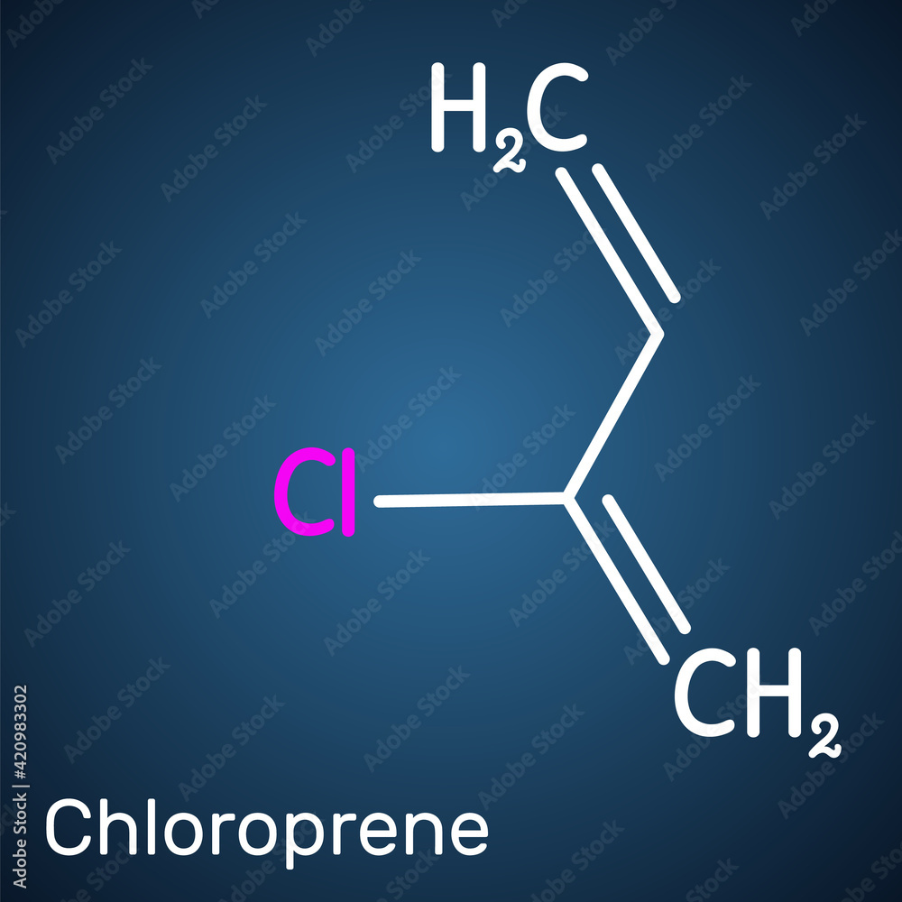 Chloroprene molecule. It is chloroolefin, used as monomer for polymer polychloroprene, a type of synthetic rubber, neoprene. Structural chemical formula on the dark blue background Chloroprene molecule. It is chloroolefin, used as monomer for polymer polychloroprene, a type of synthetic rubber, neoprene. Structural chemical formula on the dark blue background