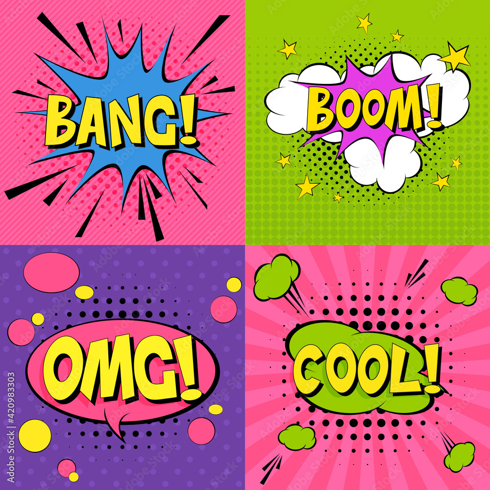 Bamg! OMG! Boom! Cool! Dynamic modern fluid mobile for sale banners set. Sale banner template design,  Comic speech bubbles. Pop art vector label isolated  illustration. Vintage comics book poster on 