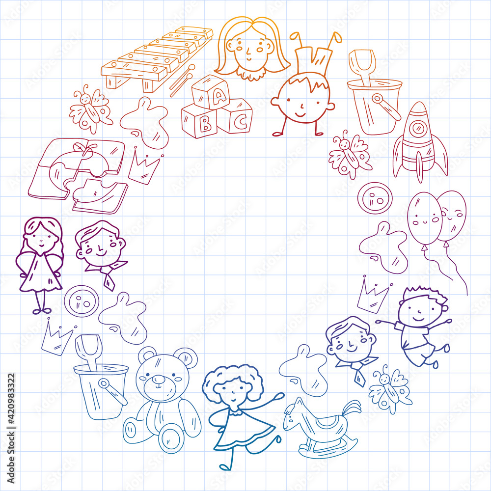 Kindergarten and toys. Little children game. Kids playground. Education, creativity, imagination.