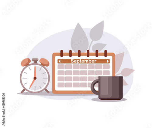 Calendar, alarm clock and mug for planning of the morning, time management