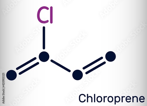 Chloroprene molecule. It is chloroolefin, used as monomer for polymer polychloroprene, a type of synthetic rubber, neoprene. Skeletal chemical formula.  Vector illustration