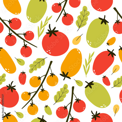 Different types of tomato  vegetable seamless pattern. Healthy food background.  Orange  red  green  cherry tomato. Organic  fresh  delicious vegetables. Flat vector illustration.  