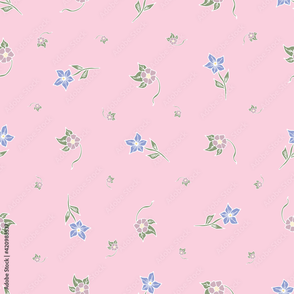 Seamless Pattern with Simple blue Flower and Leaves.Vector Illustration