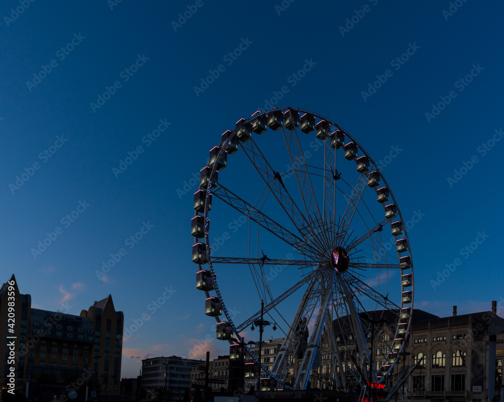 Ferris Wheel at dusk, in Antwerp, Belgium