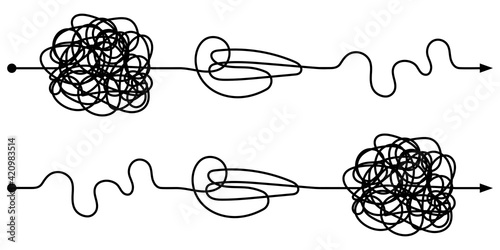 path of transition from complex to simple, vector simple and complex way of development, line of step by step process optimization, transition chaotic line to an even one
