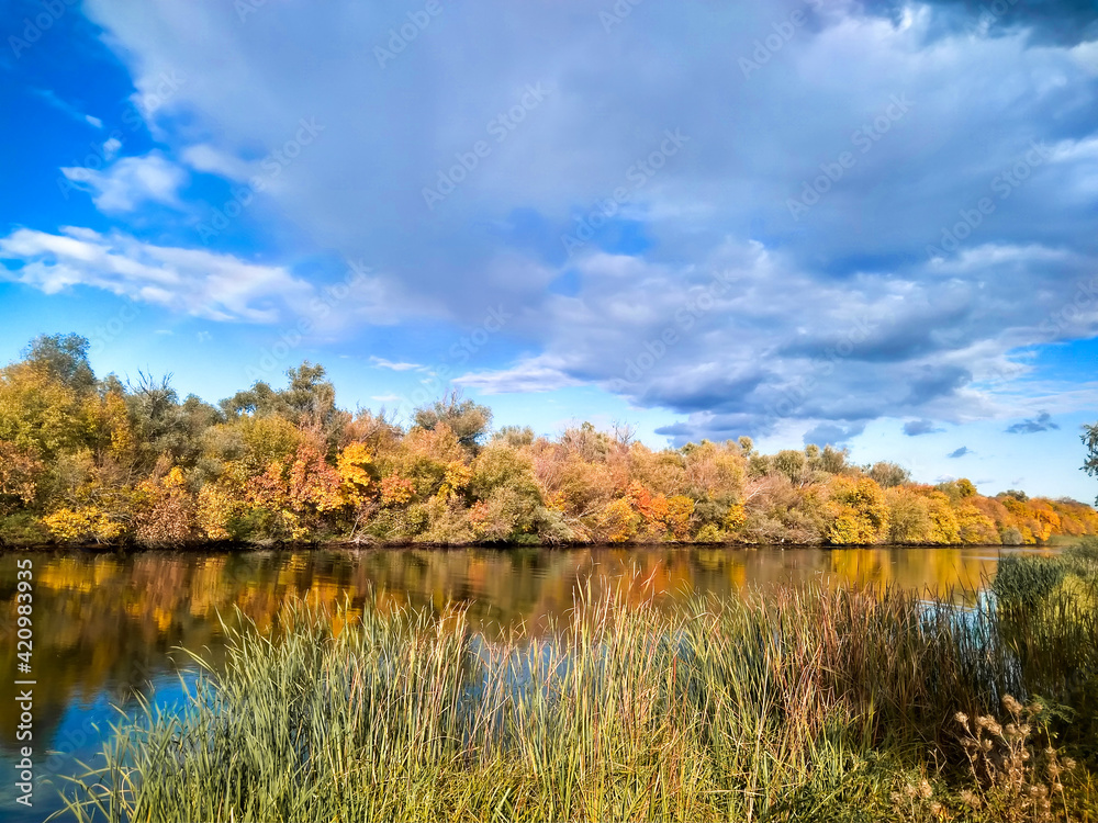 Autumn on the Riverside. Beautiful golden autumn in Dnieper estuary, Kherson, Ukraine. Autumn on the Riverside. Beautiful golden autumn in Dnieper estuary, Kherson, Ukraine.