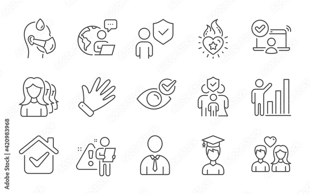 Student, Online access and Graph chart icons set. Security, Women headhunting and Family insurance signs. Vector Student, Online access and Graph chart icons set. Security, Women headhunting and Family insurance signs. Vector