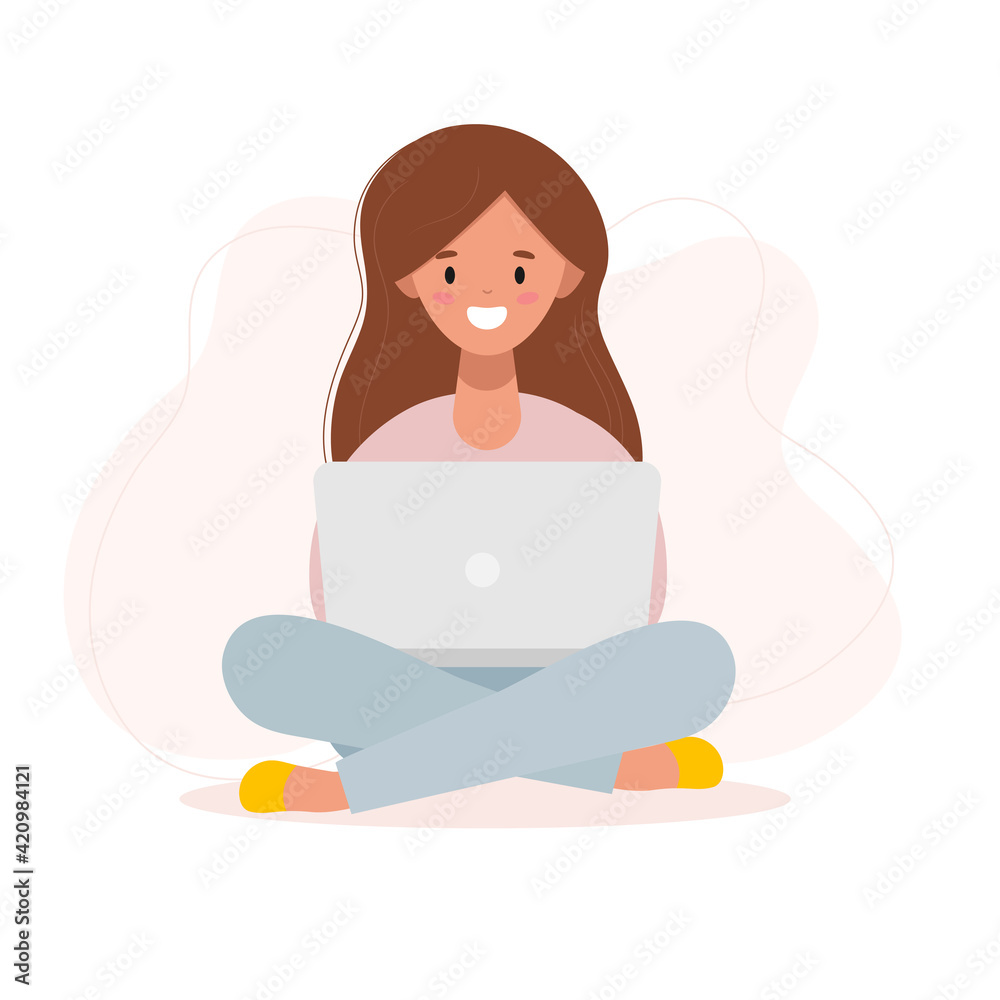 Beautiful young smiling woman with long hair sitting with laptop. Concept vector illustration for online studying, freelance, work from home,online assistant, remote job. Cartoon flat style character. Beautiful young smiling woman with long hair sitting with laptop. Concept vector illustration for online studying, freelance, work from home,online assistant, remote job. Cartoon flat style character.