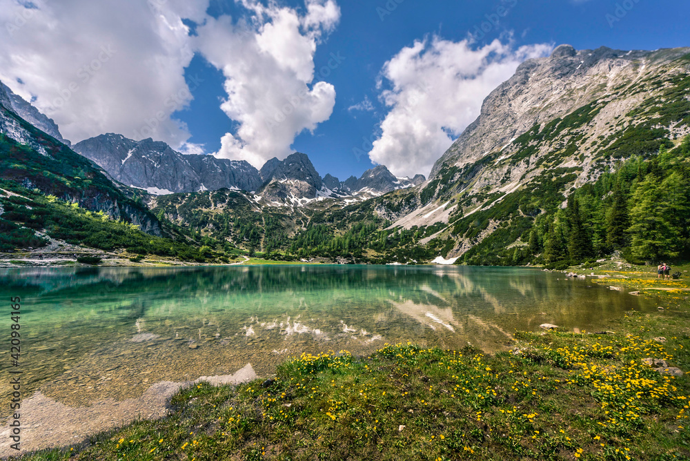 Crystal clear alpine lake Seebensee, Ehrwald, Tyrol, Austria, Europe