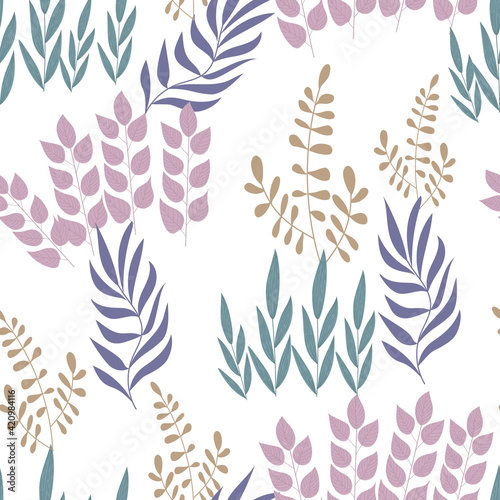 Seamless pattern of different types of field grasses and branches. Plant ornament of simple botanical elements. Concept of ecology  environment  nature conservation. For paper  covers  fabrics. Vecto