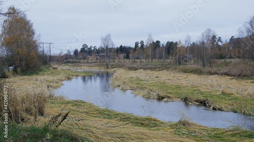 Countryside landscape with small flowing river and waving grass around it. Autumn, Russia