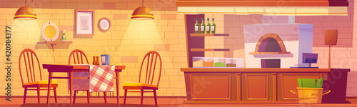 Pizzeria or cozy family cafe with oven for pizza