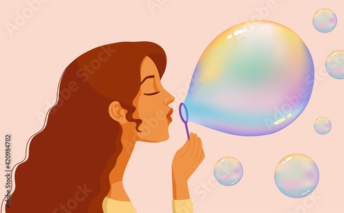 Girl blowing soap bubbles, cartoon illustration. Profile portrait of a young beautiful woman with closed eyes. 