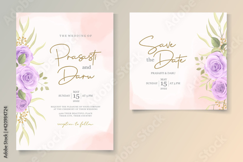 Modern wedding card with purple floral