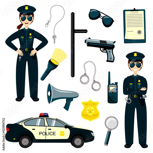 Police kids set. Gun, radio and police badge, child character play security or policeman job.