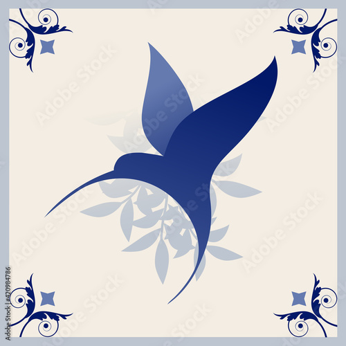 Illustrated ceramic hydraulic tile typical of Spain, Italy and Portugal. Stylized vintage retro flower and leaves. Stylized image of bird