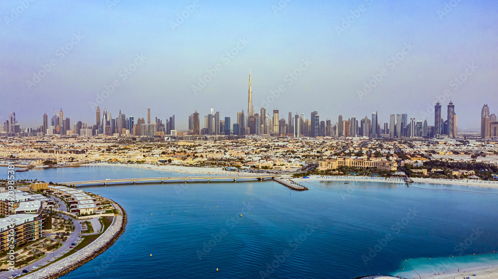 Fototapeta premium Aerial view of Dubai Skyscrapers and Sheikh Zayed Road, Dubai, UAE