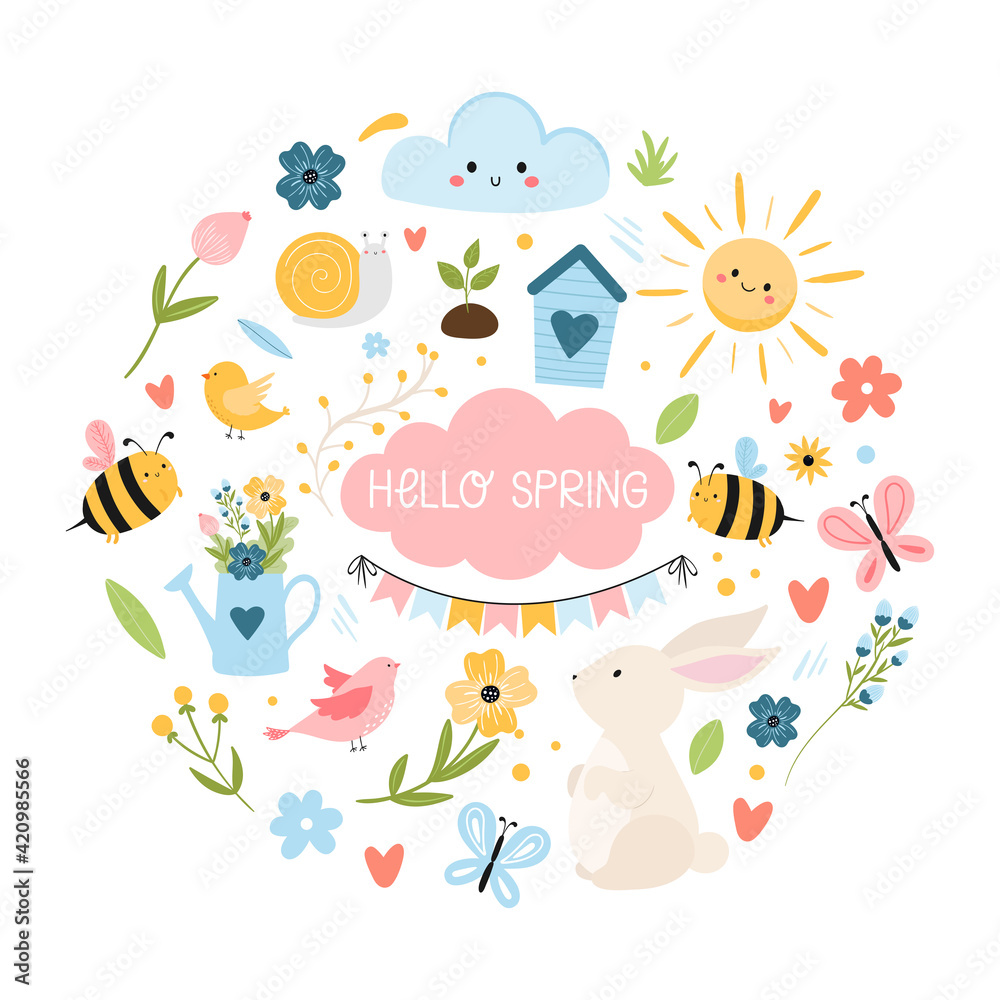 Hello Spring set with lettering, birds, bees, flowers, birdhouse, sun, bunny and other. Hand drawn, cartoon style vector illustration isolated on white. Round frame. 
