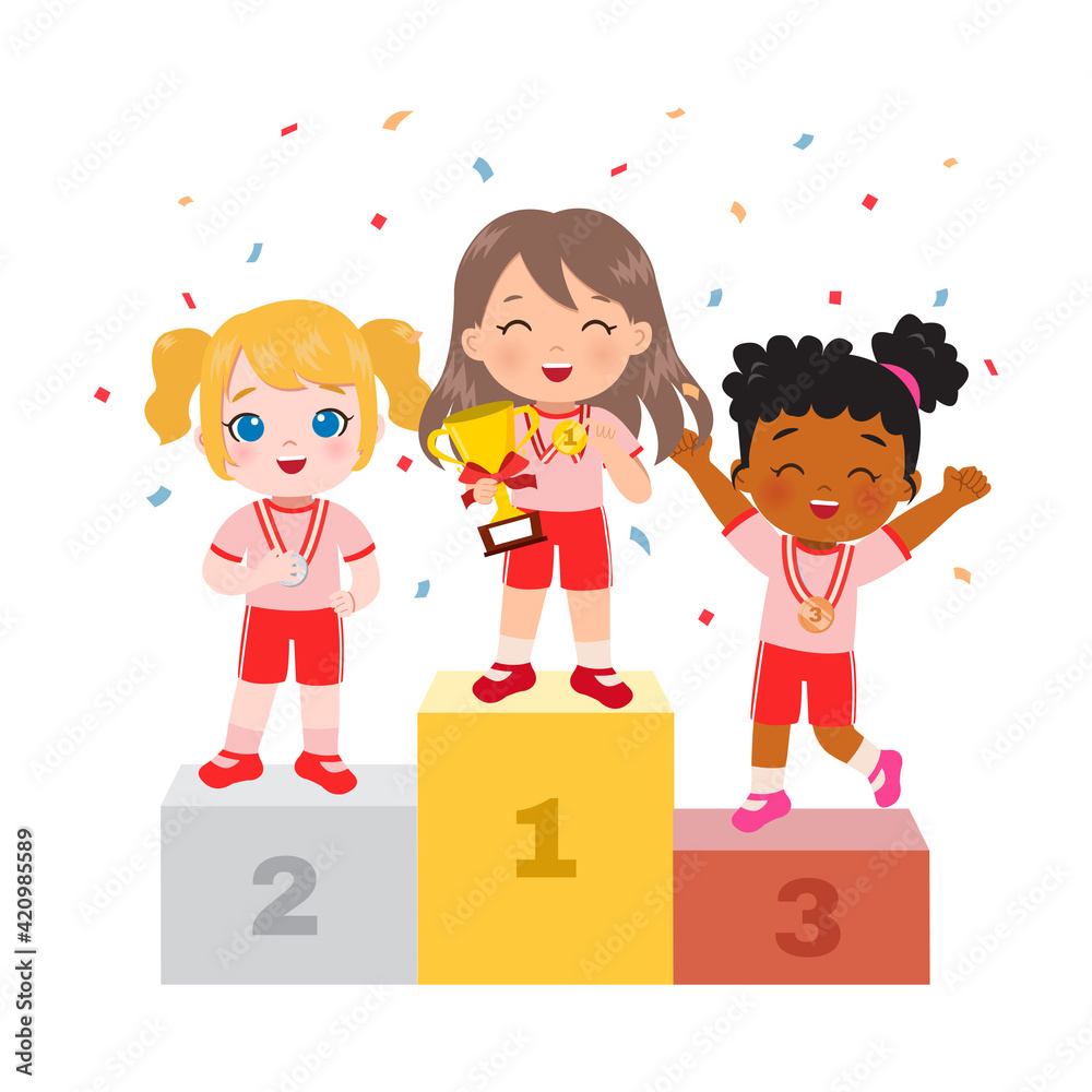 Cute girl standing on podium as sport competition winner. Championship ...