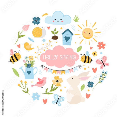 Hello Spring set with lettering, birds, bees, flowers, birdhouse, sun, bunny and other. Hand drawn, cartoon style vector illustration isolated on white. Round frame.   © Alina Mosinyan