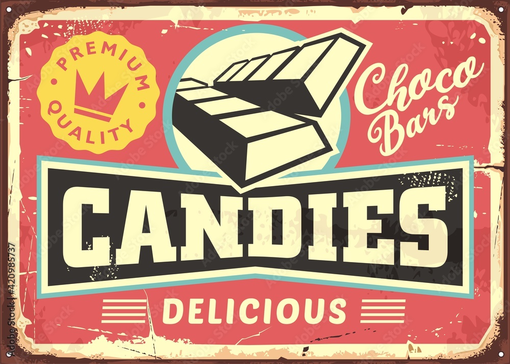 Candies and chocolate bars retro sign design on pink background. Candy  store vintage promotional poster. Vector ad for desserts and sweets. Stock  Vector | Adobe Stock