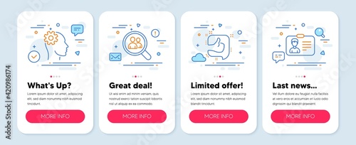 Set of People icons, such as Engineering, Like, Search employees symbols. Identification card line icons. Vector